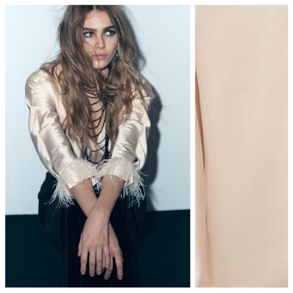 Zara Cream Satin Blouse with Feather Cuffs